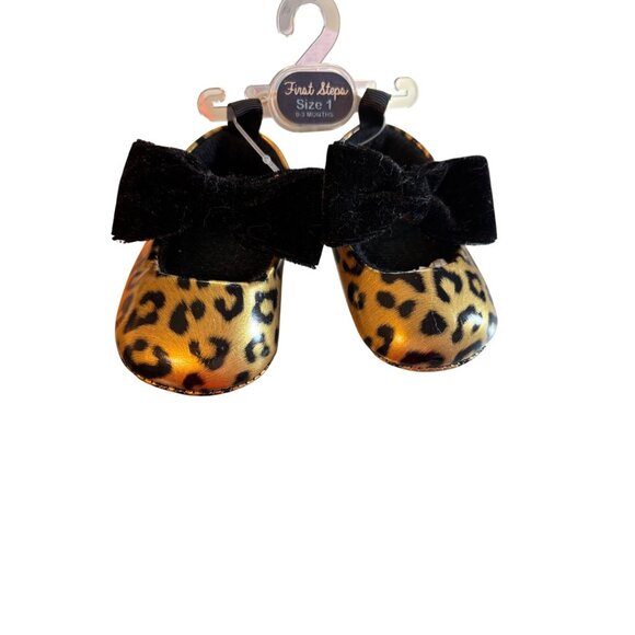 First Steps Gold Leopard Baby Girl Mary Jane Shoes Black Velvet Bows (0-3mo) - Picture 1 of 9